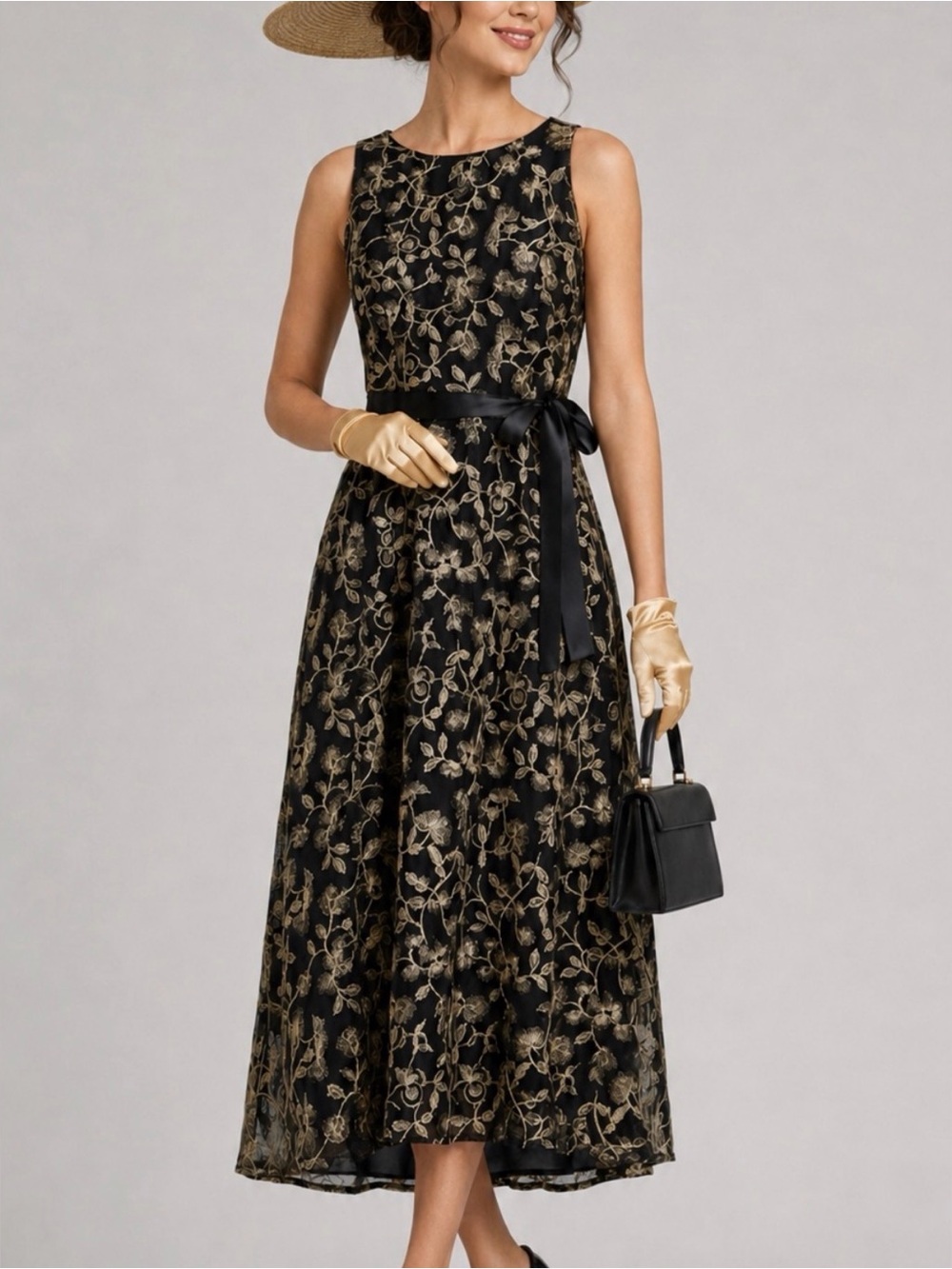 Alex Evenings Black and Gold Floral embroidered Midi Dress with Satin Waist Tie